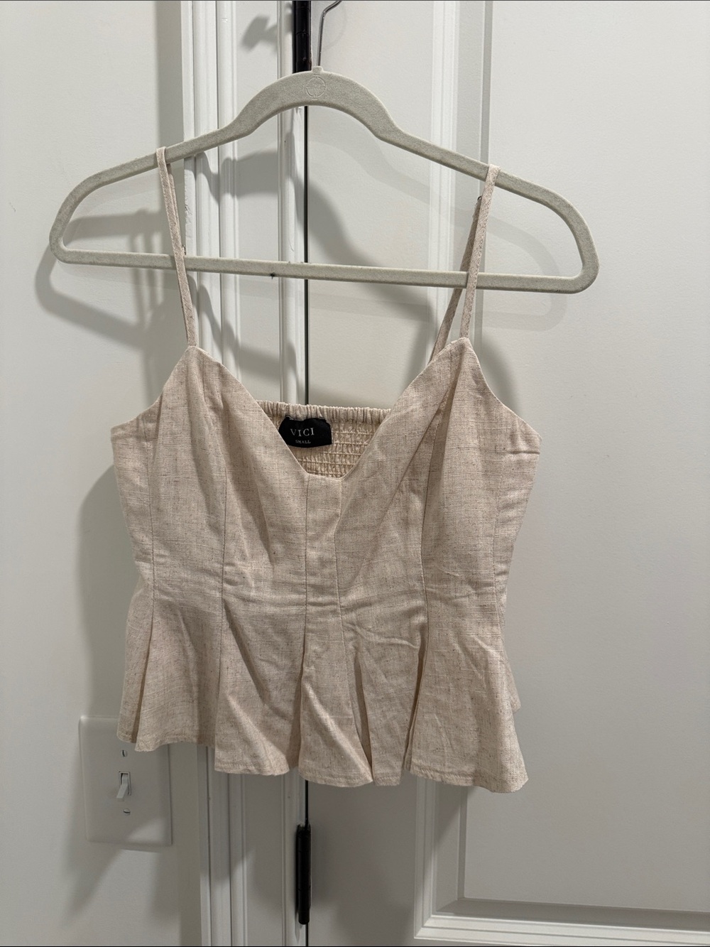 Vici Light Cream Pleated Peplum Spaghetti Strap Top